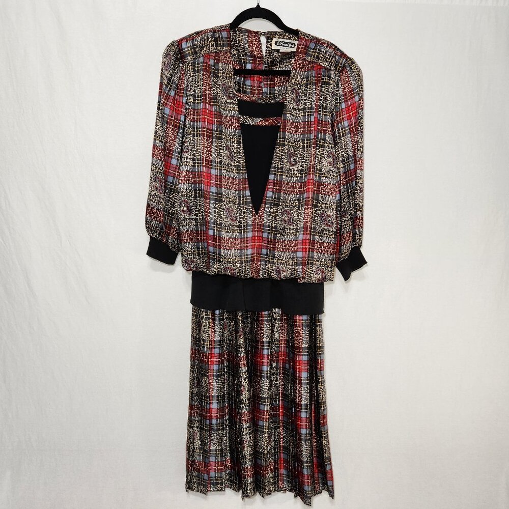 U.S.A. Vintage Steampunk Multicolor Plaid Drop Waist Pleated Midi Dress Size 14.
